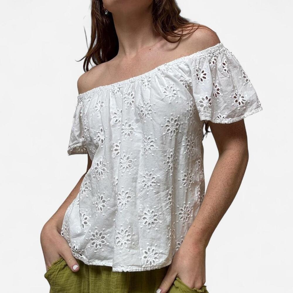 White eyelet cotton off shoulder top